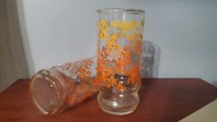 Vtg Flat Tumblers Bright Orange Yellow Ombre Floral Flowers Glasses Retro