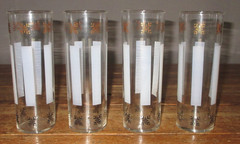 4 Vintage Federal Glass Barware Tom Collins Gold Black Snowflake White Stripes