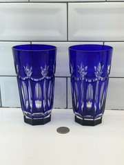 AJKA CAROLYNE HIGHBALL GLASS COBALT BLUE CUT TO CLEAR CRYSTAL HUNGARY BOHEMIAN