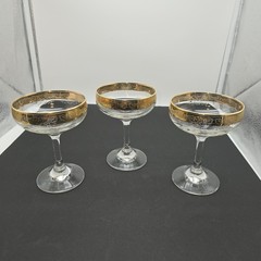 3 CELLINI CRYSTAL CHAMPAGNE COUPE GLASSES HAND DECORATED 24 KT GOLD ITALY