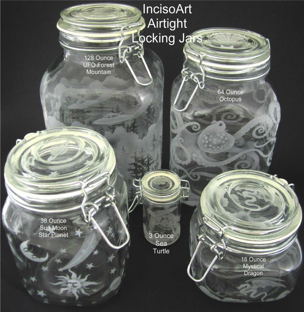 Hand Etched Glass Jar Airtight Canister Sandblasted (Sand Carved) Clamp Lid