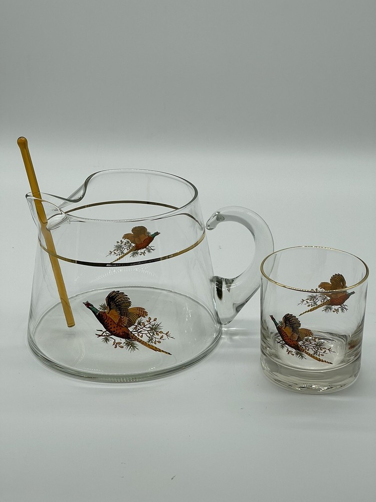 Vintage Glass Pheasant Cocktail Pitcher With Glass Stirrer And 1 Low Ball Glass