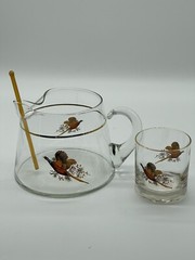 Vintage Glass Pheasant Cocktail Pitcher With Glass Stirrer And 1 Low Ball Glass