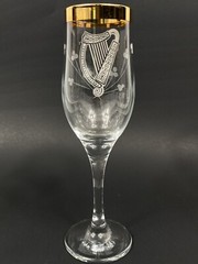 Duiske Irish Etched Harp Shamrock Fluted Champagne Glasses w/ Gold Trim Set Of 6