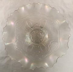 DUGAN WHITE CARNIVAL GLASS BOWL DOUBLE STEM ROSE PATTERN