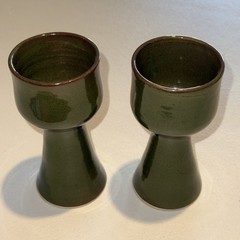 Pair of Studio Art Pottery Goblets Olive Green Glazed Signed Stoneware