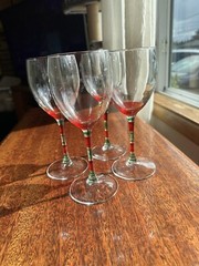 Set of 4 ARC France Wine Glass with Red & Green Stripes On Stem, 8.25″ Christmas