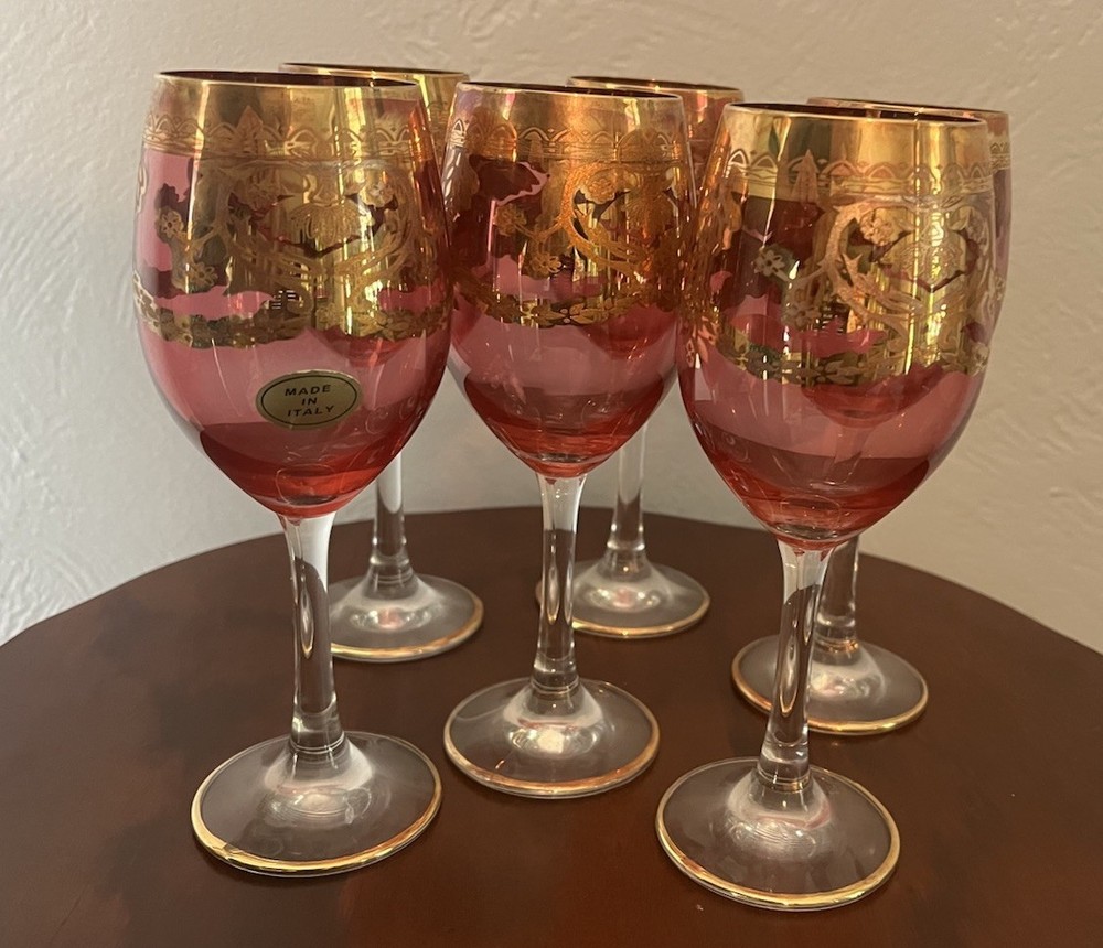 Vintage Italian Murano Style Gold Rimmed Wine Glasses Set of 6