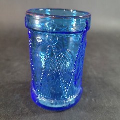 Vintage Wheaton Blue Glass Drum w Eagle Cup Tumbler Cobalt Votive Candle holder