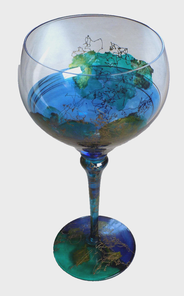 Vtg Handblown Wine Goblet Romania Abstract Blue Green Gold Accents OOAK Art Lot