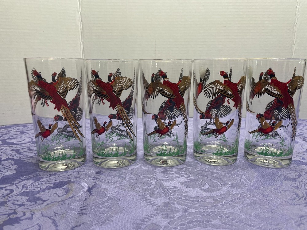SET OF 5 Vintage Hazel Atlas Gold Pheasant High Ball Bar Ware Glasses, 5.25”