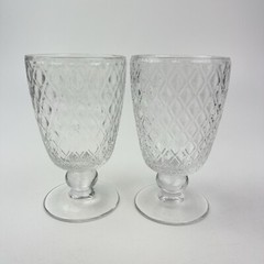 Vintage Diamond Pressed Glass Ball Stem Clear Water Wine Goblets