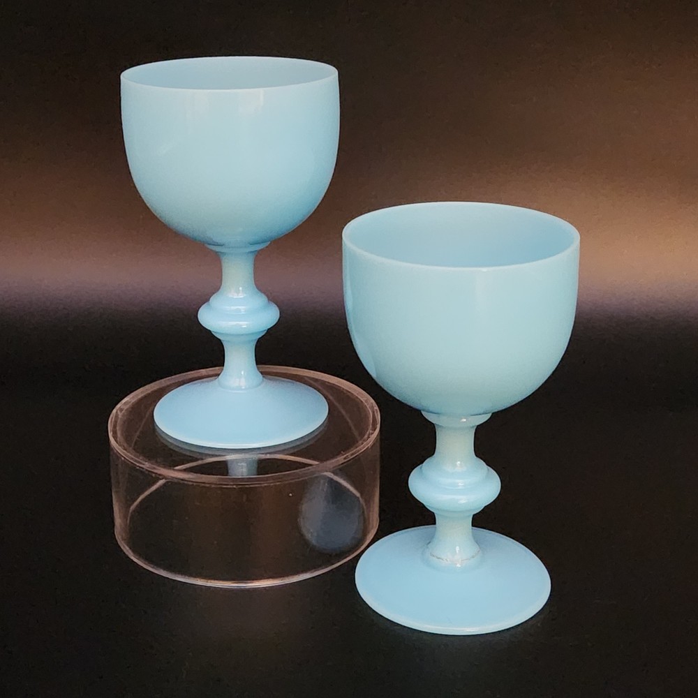 Set of 2 Blue Opaline PV Glass Goblets 4.5″T French 1930’s Portieux Vallerysthal