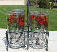 Vtg Hazel Atlas Pheasant Hunting 6 Glass Tumblers Caddy Carrier Cocktail Set Old
