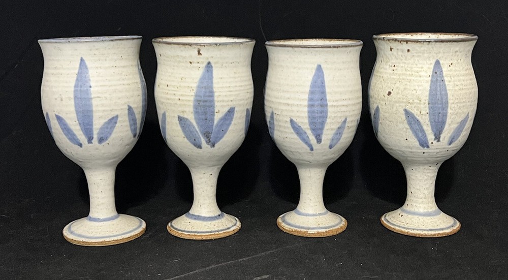Stoneware Pottery Goblets Wine Glasses Blue And White Set of Four 6.25” Vintage