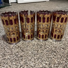 4 Vintage Culver Cranberry Gold Scroll MCM Highball Tumbler Glasses 12 oz Bar 22