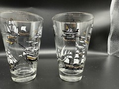 set of 2 MCM sailing ships with gold detail barware tumbler glasses