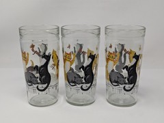 Anchor Hocking Butterflies Cats on Fence 6″ Glass Tumblers, Set Of 6, Vintage