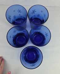 5 Vintage Libbey Cobalt Blue Celestial Snow Flakes Stars Old Fashioned Glasses