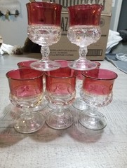 8 Vintage Indiana Glass Cranberry King’s Crown Thumbprint Juice Glasses