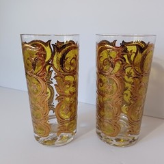 MCM Highball Glasses Gold Over Yellow Swirls Flowers On Clear Glass 5.5in Pair 2