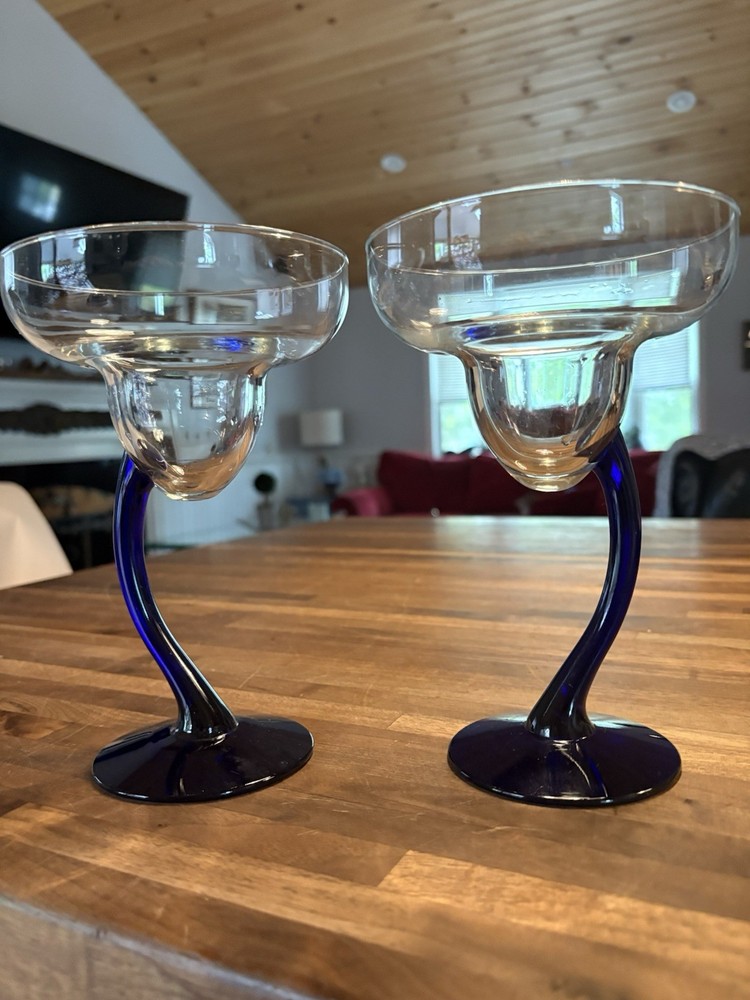 Colbolt Blue Libby BRAVURA Margarita Glasses Curved Stem 7.25″ Set Of 2