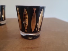 Vtg MCM Fred Press Black Gold Atomic Fish Rocks Whiskey Glasses Set 4 Signed