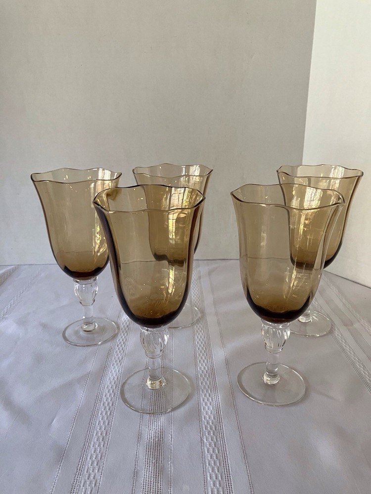 5 Crystal Goblets, Amber Color , Wavy , Scalloped Rim, 8.5”