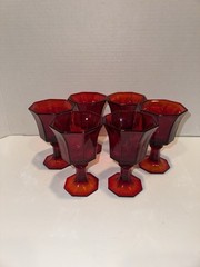 6 Vintage Octagonal Independence Glass Ruby Wine/Juice Goblets Glasses 4 1/2”