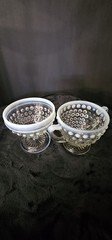 Vintage Anchor Hocking Moonstone Hobnail Opalescent Sugar Bowl & Sherbt Cup Set