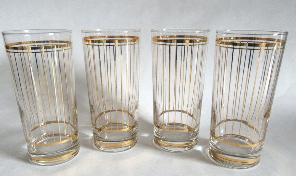 4 Vintage MCM Culver Glassware & 22k Gold Stripes High Ball 6 1.4″ Set Of Four