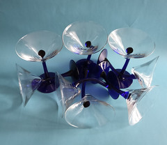 Vintage Libbey Bravura Martini Cocktail Cobalt Blue Curved Stem Glasses Set