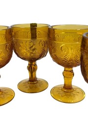 Amber Glass Goblets Floral Embossed Set Of 5 Vintage Style 4.5″ Height For Dinin