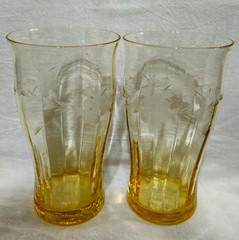 VTG Yellow Depression Glass Floral Etched Optic Panel Tumblers – Set of 2