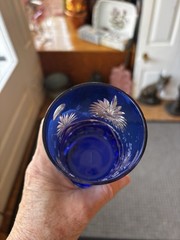 Vintage Bohemian Czech Cobalt Blue Cut to Clear Glass Pitcher and 6 Tumbler Set