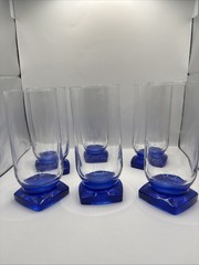 6 Vintage Bormioli Rocco Ibisco Cobalt Blue Square Base Tumblers