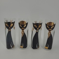 READ (4) Libbey Maida Armour Parisian Black Siamese Cats Frosted High Ball Glass