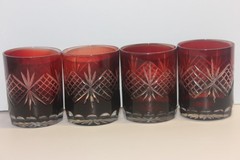 Set of 4 Vintage Bohemian Ruby Red Cut to Clear Crystal Tumbler Glasses, 3-7/8