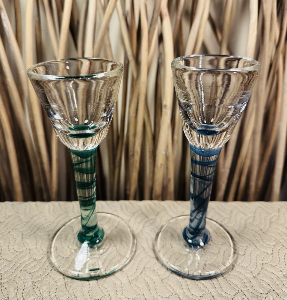 Pair of Heavy Hand Blown Cordial Glasses Swirl Ribbon Stem. Excellent Condition.