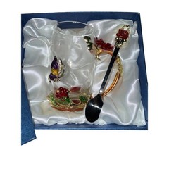 Decorative Clear Glass Mug & Spoon Gift Set Enamel Rose Butterfly Box elegant