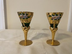 Tre Fuochi Murano Liqueur Glasses (2) Hand Painted Gold Overlay Green Glass
