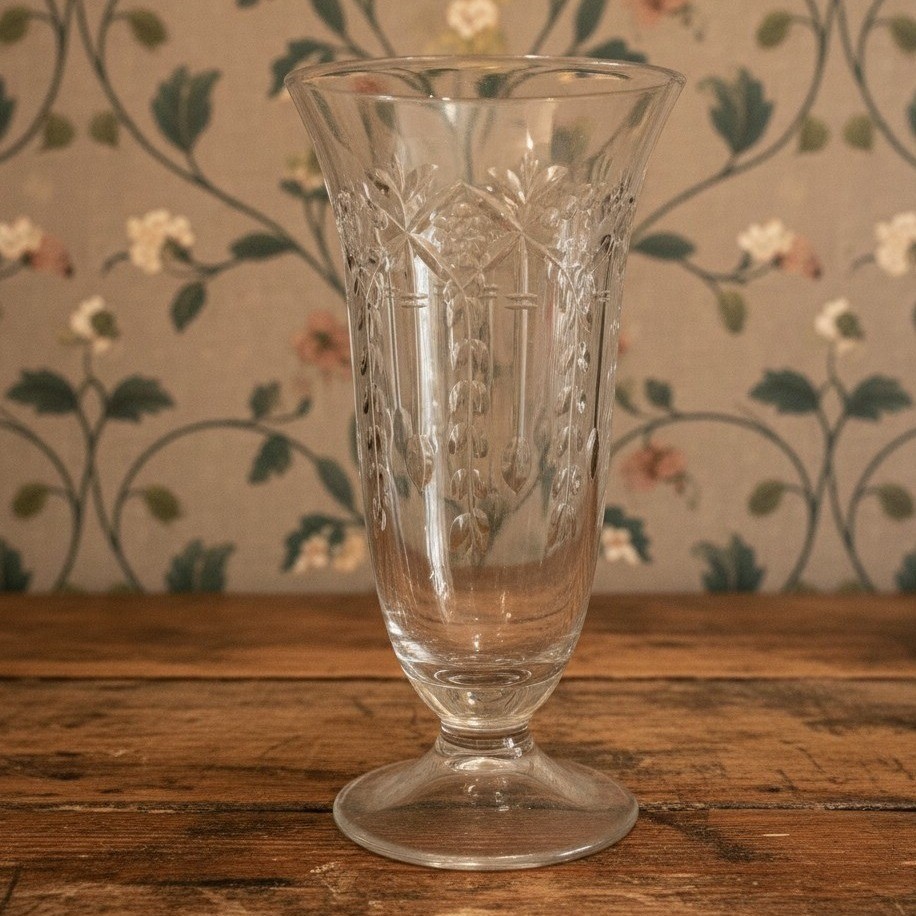 Etched Palm-Leaf Footed Sundae Glass, Vintage Glassware, Floral Vine Pattern