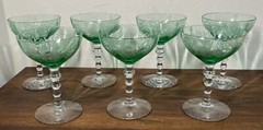 Vtg Set Of 6 Central Glass Works Etch #408 Pamona Green 5-1/4” Glasses Uranium ￼