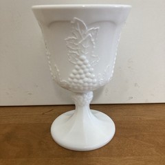 Vintage White Milk Glass Goblet With Grapes And Vine Design. Stands 5″