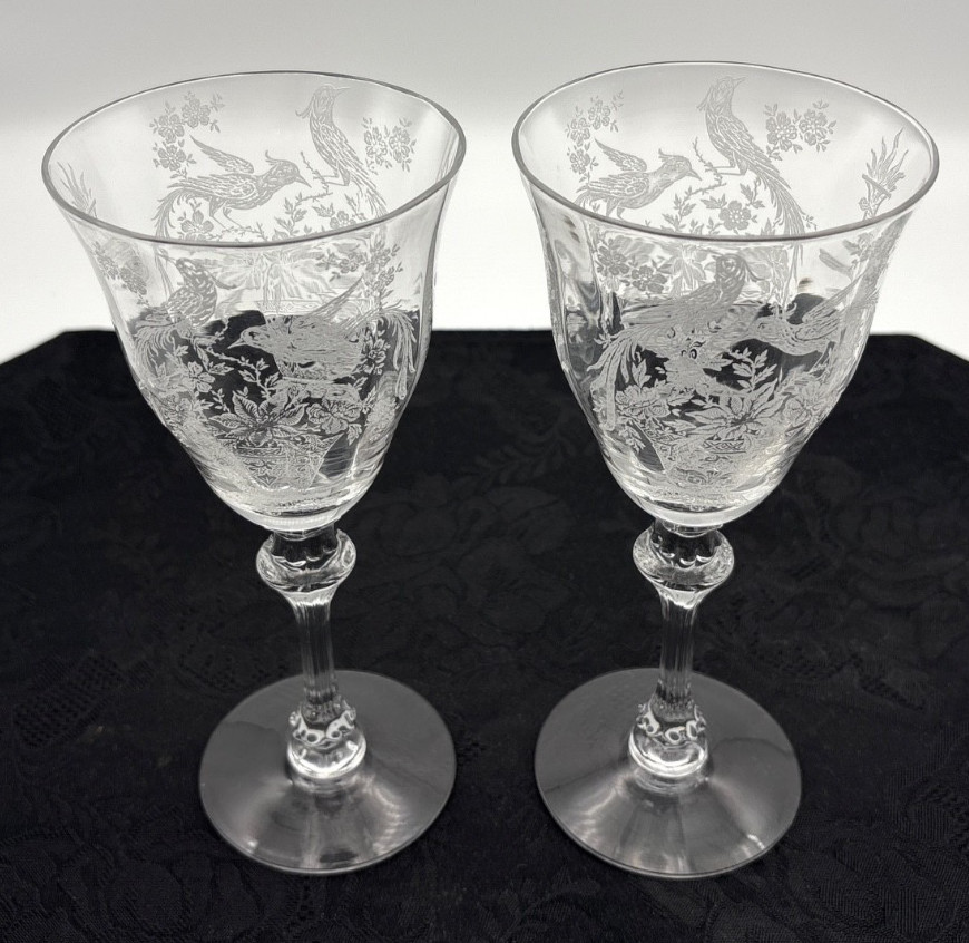 2 Tiffin Persian Pheasant 8″ Water or Wine Goblets 10 Oz