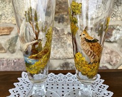 Champagne Flutes – Hand Painted – Nature, Birds – Swan & Partridge – Set of 2