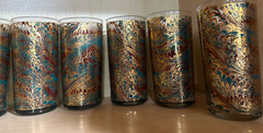 10 of Culver Highball 22k Gold Marbled Swirl Teal Tumbler Glasses MCM Barware