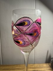 Vintage Set Of 5 Peacock Feather Stained Glass Style Wine Goblets
