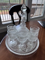 Vintage Tiara Sandwich Glass Wine Decanter+ 5 Wine Glasses+Platter-Crystal Clear