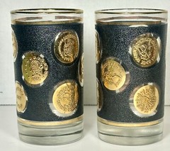 2 Vintage Libbey Black Textured Gold Coin Design MCM Tumblers High Ball Glasses